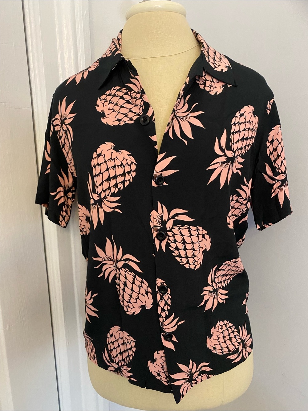 Sandro Black Short-Sleeve Button-Down Shirt with Pink Pineapple Print